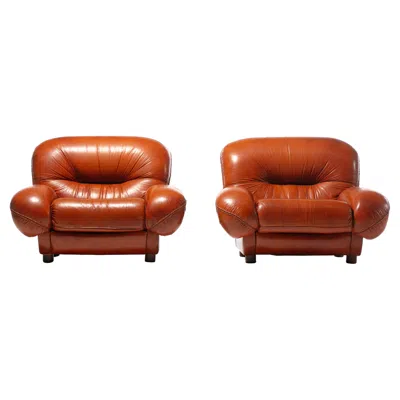 Pre-owned Mario Bellini 1970s Monumental Italian Boxing Glove Lounge Chairs In Cognac Leather In Brown