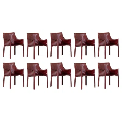 Pre-owned Mario Bellini "cab 413” Chairs For Cassina, Bordeaux Leather, 1977, Set Of 10 In Brown