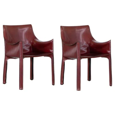 Pre-owned Mario Bellini "cab 413” Chairs For Cassina, Bordeaux Leather, 1977, Set Of 2 In Brown