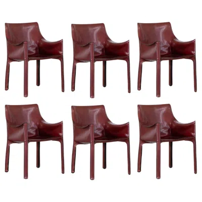 Pre-owned Mario Bellini "cab 413” Chairs For Cassina, Bordeaux Leather, 1977, Set Of 6 In Brown