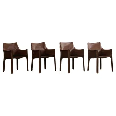 Pre-owned Mario Bellini "cab 413” Chairs For Cassina, Hazelnut Leather, 1977, Set Of 4 In Black