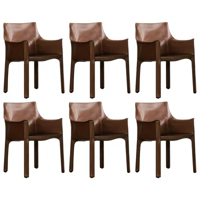 Pre-owned Mario Bellini "cab 413” Chairs For Cassina, Hazelnut Leather, 1977, Set Of 6 In Brown