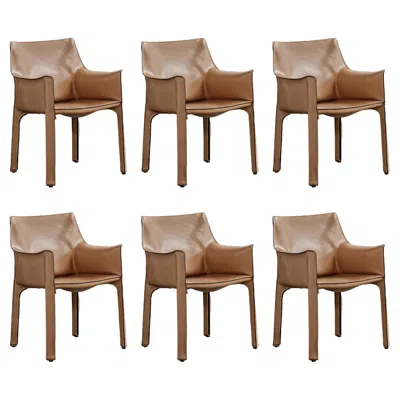 Pre-owned Mario Bellini "cab 413” Chairs For Cassina, Natural Leather, 1977, Set Of 6 In Brown
