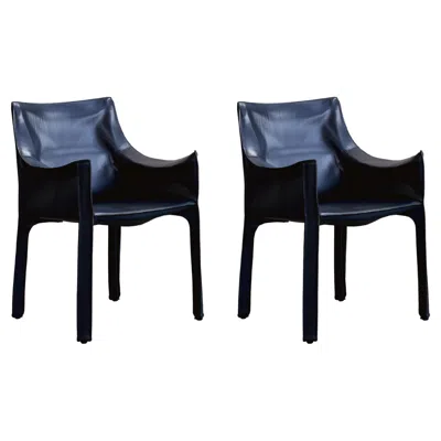 Pre-owned Mario Bellini “cab 413” Dining Chairs For Cassina, Blue Leather, 1977, Set Of 2