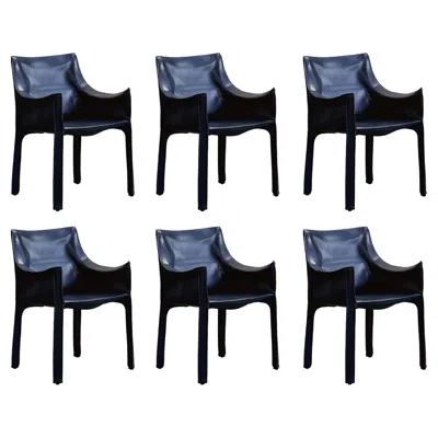 Pre-owned Mario Bellini “cab 413” Dining Chairs For Cassina, Blue Leather, 1977, Set Of 6