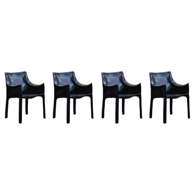 Pre-owned Mario Bellini “cab 413” Dining Chairs For Cassina, Blue Leather, Set Of 4