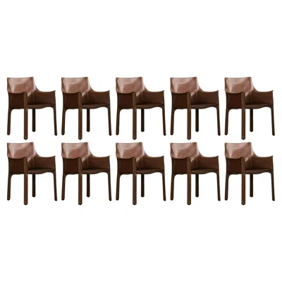 Pre-owned Mario Bellini "cab 413�chairs For Cassina, Hazelnut Leather, 1977, Set Of 10 In Brown
