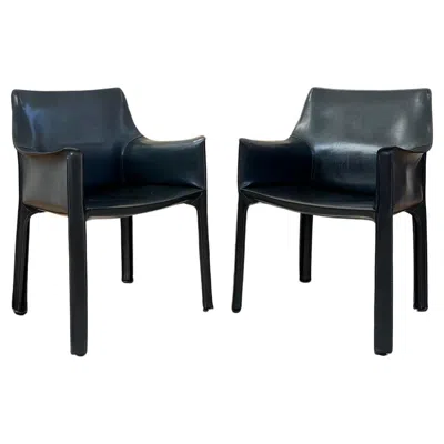 Pre-owned Mario Bellini Cassina Cab 414 Armchairs Pair By  In Dark Grey Matte Black Leather In Gray