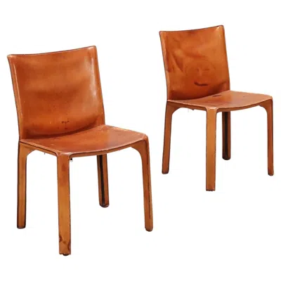 Pre-owned Mario Bellini Due Sedie 'cab 412' Anni 80 In Cuoio Color Cognac Design Di  In Brown
