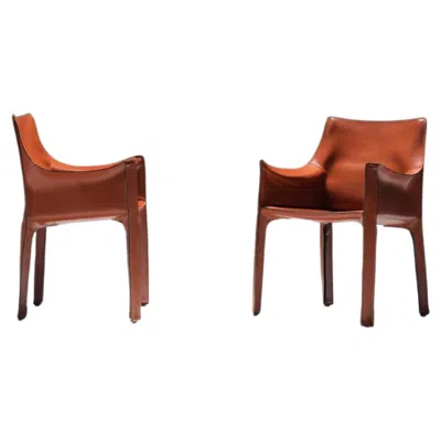 Pre-owned Mario Bellini Early & Matching Cab 413 Armchairs (2) In Leather By  For Cassina. In Brown