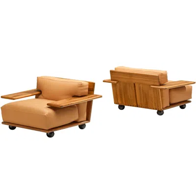 Pre-owned Mario Bellini For Cassina Pianura Lounge Chairs In Walnut And Leather In Brown