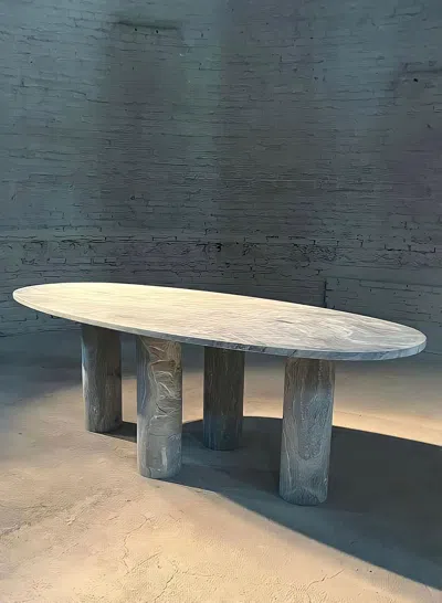 Pre-owned Mario Bellini Large Solid Stone Green Marble Oval Dining Table With Bellini Style Column Legs