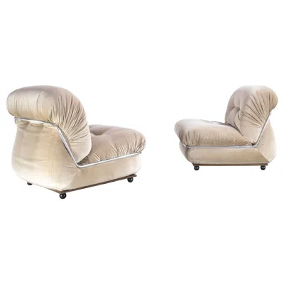Pre-owned Mario Bellini Pair Mid Century Italian Lounges Chrome & Fabric Armchairs, Mario Sabot 1970s In Sand