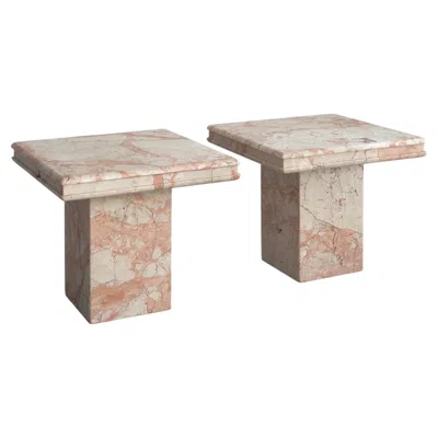 Pre-owned Mario Bellini Pair Of Italian Postmodern Neo-classical Side Tables, In Pink Breccia Marble.