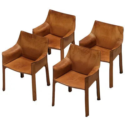 Pre-owned Mario Bellini Set Of Four 'cab 413' Dining Chairs In Patinated Cognac Leather In Brown