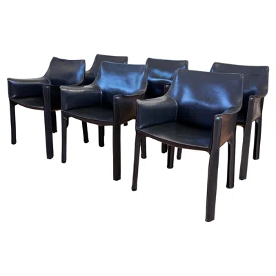 Pre-owned Mario Bellini Set Of Six Cab 413 Armchairs  Cassina Dark Grey / Black Leather In Gray