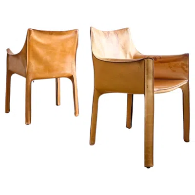 Pre-owned Mario Bellini Two Italian Cognac Leather Lounge Chairs 413 - Bellini Design For Cassina, 1970s In Brown