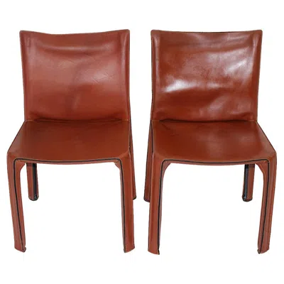 Pre-owned Mario Bellini Vintage Cab 412 Duo Two Dining Chairs Brown Leather, Italy, 1970s