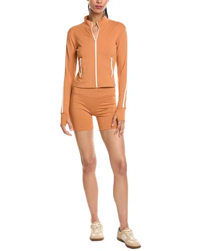 Marion 2pc 5.5in Yoga Fabric Contrast Jacket & Biker Short Set In Brown