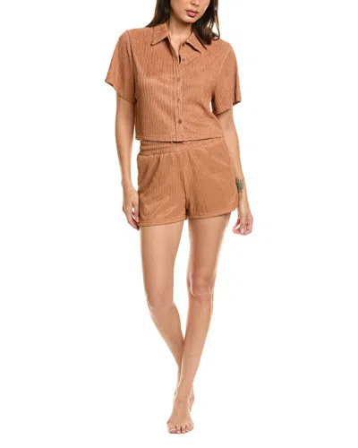 Marion 2pc Plisse Button-down Lounge Set In Brown