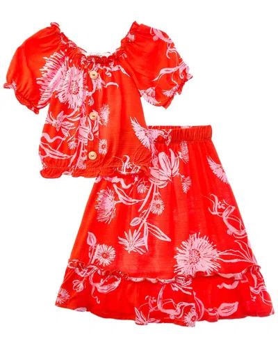 Marion Kids' 2pc Stretch Top & Skirt Set In Red