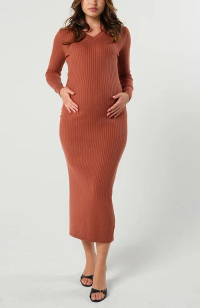 Marion Maternity Maxi Nursing V-neck Sweater Dress In Cotton Knit In Copper