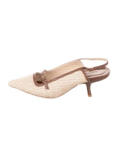 Pre-owned Marion Parke Raffia Leather Trim Embellishment Slingback Pumps In Neutral