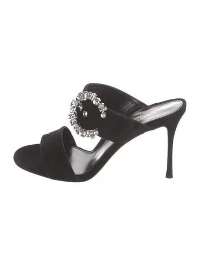 Pre-owned Marion Parke Suede Crystal Embellishments Slides In Black
