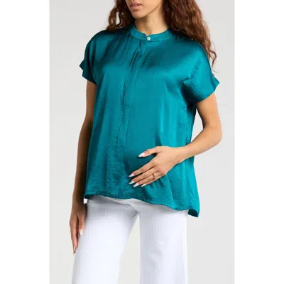 Marion Women's Short Sleeve Satin Maternity Shell Top With Concealed Nursing Zip In Peacock