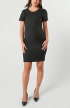 Marion Women's Short Sleeve Maternity & Nursing Knee Length Dress In Italian Stretch Suiting Fabric In Black
