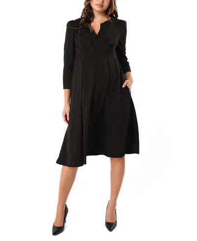 Marion Women's Empire Waist Maternity & Nursing Midi Tea Dress In Tencel In Black