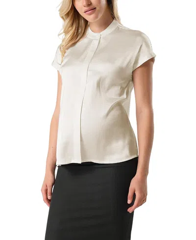 Marion Women's Short Sleeve Satin Maternity Shell Top With Concealed Nursing Zip In Cream