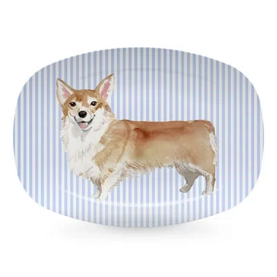 Mariposa Friends Corgi Platter In Blue,white,brown