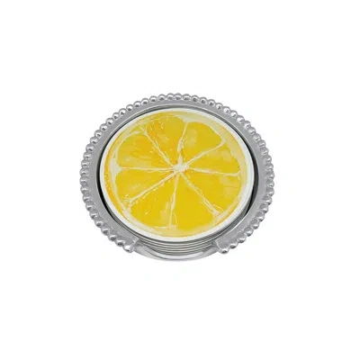 Mariposa Lemon And Lime Beaded Coaster Set In Silver
