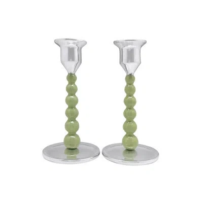 Mariposa Pearled Aluminum Tabletop Candlestick In Green