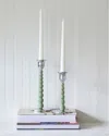 Mariposa Pearled Enameled Small Candlesticks, Set Of 2 In Green