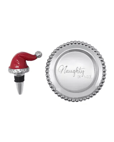Mariposa Red Santa Hat Bottle Stopper & Naughty Or Nice Wine Plate Gift Set In Grey