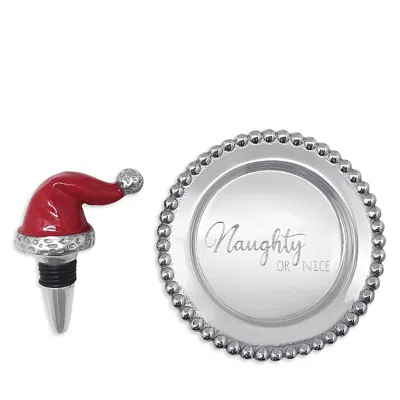 Mariposa Red Santa Hat Bottle Stopper & Naughty Or Nice Wine Plate Gift Set