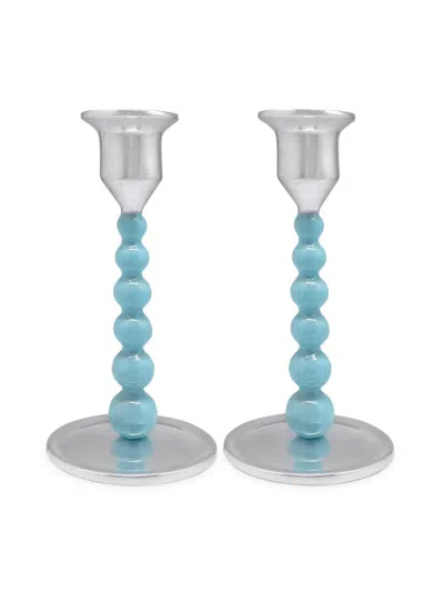Mariposa String Of Pearls 2-piece Candlestick Set In Aqua Silver