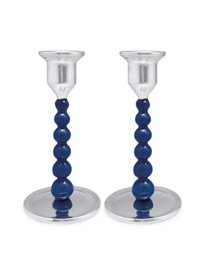 Mariposa String Of Pearls 2-piece Candlestick Set In Blue Silver