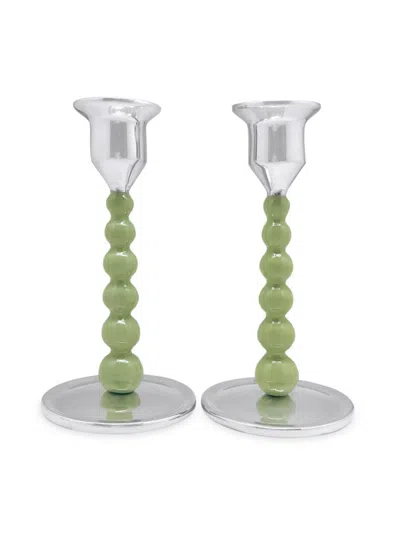 Mariposa String Of Pearls 2-piece Candlestick Set In Green Silver