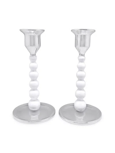 Mariposa String Of Pearls 2-piece Candlestick Set In White Silver