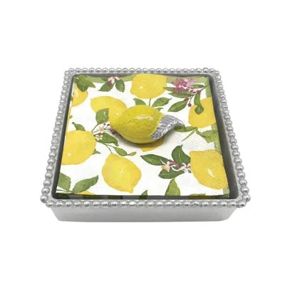 Mariposa Yellow Lemon Beaded Flat Napkin Holder Set In Silver