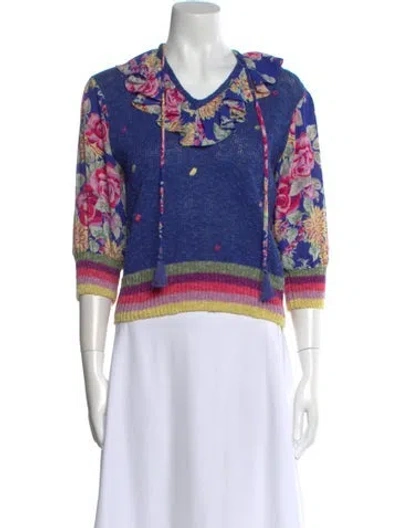 Pre-owned Marisa Christina Floral Print V-neck Sweater In Blue