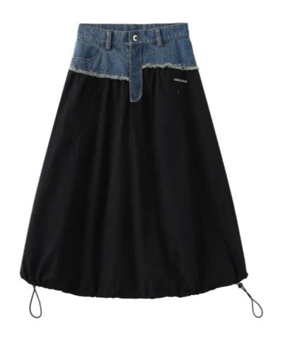 Marissa Chiara Denim Patchwork Long Skirt In Black