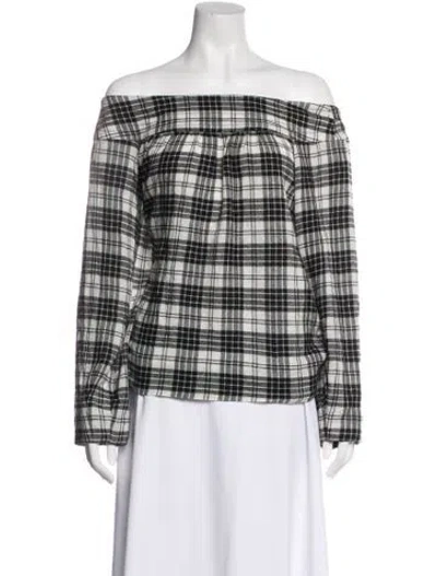 Pre-owned Marissa Webb Plaid Print Off-the-shoulder Blouse In Black