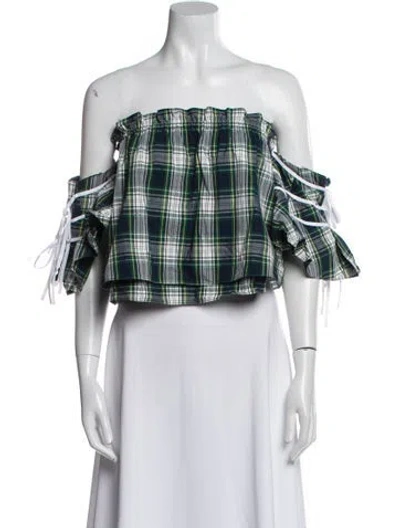 Pre-owned Marissa Webb Plaid Print Off-the-shoulder Crop Top In Green
