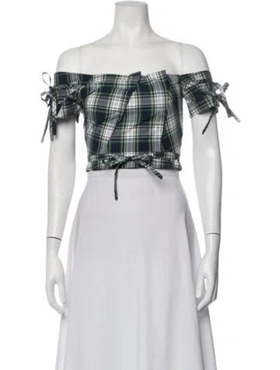Pre-owned Marissa Webb Plaid Print Off-the-shoulder Crop Top In Green