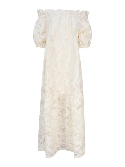 Mariuccia Floral Dress With Bardot Neckline In White