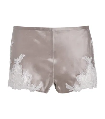 Marjolaine Silk Satin Embroidered Pyjama Shorts In Brown